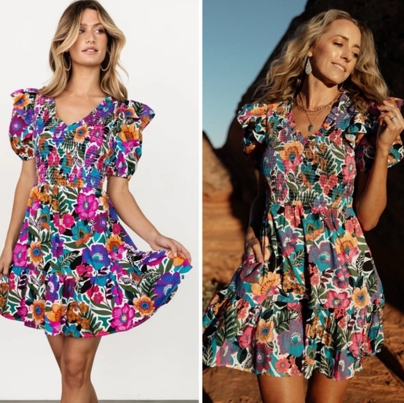 Baltic Born Dresses & Skirts - Baltic Born Kyrie Puff Sleeve Floral Print Dress Ruffle Shoulder Vibrant Boho XL